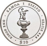 Samoa 10 Tala America's Cup Race 1987 Proof KM# 66 SAMOA I SISIFO ONE OUNCE $10 999 SILVER coin obverse Samoa 10 Tala America's Cup Race 1987 Proof KM# 66 SAMOA I SISIFO ONE OUNCE $10 999 SILVER coin obverse