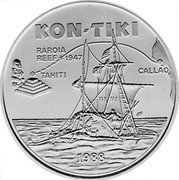 Samoa 10 Tala Kon Tiki 1988 Proof KM# 75 KON-TIKI RAROIA REEF 1947 TAHITI CALLAO 1988 coin reverse Samoa 10 Tala Kon Tiki 1988 Proof KM# 75 KON-TIKI RAROIA REEF 1947 TAHITI CALLAO 1988 coin reverse