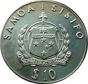 Samoa 10 Tala Tanumafili II XXIV Summer Olympics 1988 KM# 70 SAMOA I SISIFO FAAVAE I LE ATUA SAMOA $ 10 coin obverse Samoa 10 Tala Tanumafili II XXIV Summer Olympics 1988 KM# 70 SAMOA I SISIFO FAAVAE I LE ATUA SAMOA $ 10 coin obverse