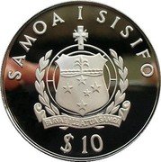 Samoa 10 Tala Tanumafili II Save the Children Fund 1990 Proof KM# 79 SAMOA I SISIFO FA AVAE I LE ATUA SAMOA $10 coin obverse Samoa 10 Tala Tanumafili II Save the Children Fund 1990 Proof KM# 79 SAMOA I SISIFO FA AVAE I LE ATUA SAMOA $10 coin obverse