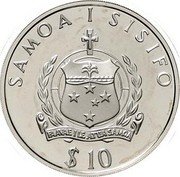 Samoa 10 Tala Tanumafili II RA Expeditions 1991 Proof KM# 83 SAMOA I SISIFO FAAVAE I LE ATUA SAMOA $ 10 coin obverse Samoa 10 Tala Tanumafili II RA Expeditions 1991 Proof KM# 83 SAMOA I SISIFO FAAVAE I LE ATUA SAMOA $ 10 coin obverse