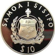 Samoa 10 Tala Jakob Roggeveen 1992 Proof KM# 93 SAMOA I SISIFO $10 FA'AVAE I LE ATUA SAMOA coin obverse Samoa 10 Tala Jakob Roggeveen 1992 Proof KM# 93 SAMOA I SISIFO $10 FA'AVAE I LE ATUA SAMOA coin obverse