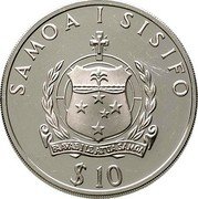 Samoa 10 Tala Tanumafili II World Cup 1992 Proof KM# 89 SAMOA I SISIFO FAAVAEILE ATUA SAMOA $10 coin obverse Samoa 10 Tala Tanumafili II World Cup 1992 Proof KM# 89 SAMOA I SISIFO FAAVAEILE ATUA SAMOA $10 coin obverse