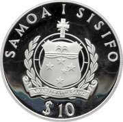Samoa 10 Tala Comte de la Perouse 1994 Proof KM# 102 SAMOA I SISIFO FA AVAE I LE ATUA SAMOA $ 10 coin obverse Samoa 10 Tala Comte de la Perouse 1994 Proof KM# 102 SAMOA I SISIFO FA AVAE I LE ATUA SAMOA $ 10 coin obverse
