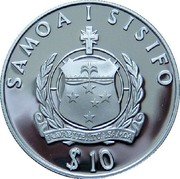Samoa 10 Tala Endangered Wildlife. Flying Bat 1994 Proof KM# 101 SAMOA I SISIFO FAAVAEILE ATUA SAMOA $10 coin obverse Samoa 10 Tala Endangered Wildlife. Flying Bat 1994 Proof KM# 101 SAMOA I SISIFO FAAVAEILE ATUA SAMOA $10 coin obverse
