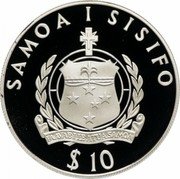 Samoa 10 Tala Tanumafili II Jakob Roggeveen 1994 Proof KM# 100 SAMOA I SISIFO FAAVAEILE ATUA SAMOA $10 coin obverse Samoa 10 Tala Tanumafili II Jakob Roggeveen 1994 Proof KM# 100 SAMOA I SISIFO FAAVAEILE ATUA SAMOA $10 coin obverse