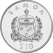 Samoa 10 Tala Tanumafili II Presentation of Shamrock 1998 Proof KM# 128 SAMOA FAAVAEILE ATUA SAMOA $10 coin obverse Samoa 10 Tala Tanumafili II Presentation of Shamrock 1998 Proof KM# 128 SAMOA FAAVAEILE ATUA SAMOA $10 coin obverse