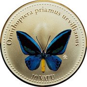 Vanuatu 10 Vatu Ornithoptera Priamus Urvillianus 2006 KM# 47 ORNITHOPTERA PRIAMUS URVILLIANUS 10 VATU CCC coin reverse Vanuatu 10 Vatu Ornithoptera Priamus Urvillianus 2006 KM# 47 ORNITHOPTERA PRIAMUS URVILLIANUS 10 VATU CCC coin reverse