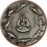 Vanuatu 10 Vatu (Stegosaurus) 10 VATU RIPABLIK BLONG VANUATU LONG GOD YUMI STANAP coin obverse Vanuatu 10 Vatu (Stegosaurus) 10 VATU RIPABLIK BLONG VANUATU LONG GOD YUMI STANAP coin obverse
