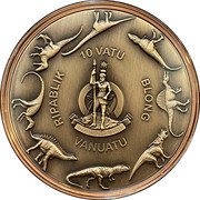 Vanuatu 10 Vatu (Tyrannosaurus Rex) 10 VATU RIPABLIK BLONG VANUATU LONG GOD YUMI STANAP coin obverse