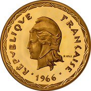 Vanuatu 100 Francs New Hebrides. Piedfort with Essai 1966  R·JOLY (with dot) KM# PE2 RÉPVBLIQVE FRANÇAISE R JOLY 1966 coin obverse Vanuatu 100 Francs New Hebrides. Piedfort with Essai 1966  R·JOLY (with dot) KM# PE2 RÉPVBLIQVE FRANÇAISE R JOLY 1966 coin obverse