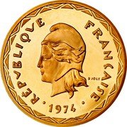 Vanuatu 100 Francs (New Hebrides. Piedfort with Essai) KM# PE11 RÉPVBLIQVE FRANÇAISE R JOLY 1974 coin obverse Vanuatu 100 Francs (New Hebrides. Piedfort with Essai) KM# PE11 RÉPVBLIQVE FRANÇAISE R JOLY 1974 coin obverse
