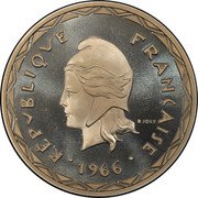 Vanuatu 100 Francs New Hebrides. Piedfort with Essai 1966  KM# PE1 RÉPVBLIQVE FRANÇAISE R JOLY 1966 coin obverse Vanuatu 100 Francs New Hebrides. Piedfort with Essai 1966  KM# PE1 RÉPVBLIQVE FRANÇAISE R JOLY 1966 coin obverse