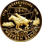 Samoa 100 Tala U.S. Bicentennial 1976 Proof KM# 21 1776 INDEPENDENCE 1976 U S A $100 WESTERN SAMOA coin reverse Samoa 100 Tala U.S. Bicentennial 1976 Proof KM# 21 1776 INDEPENDENCE 1976 U S A $100 WESTERN SAMOA coin reverse