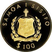 Samoa 100 Tala Charles Lindbergh 1977 Proof KM# 27 SAMOA I SISIFO $ 100 coin obverse Samoa 100 Tala Charles Lindbergh 1977 Proof KM# 27 SAMOA I SISIFO $ 100 coin obverse