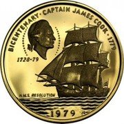 Samoa 100 Tala 200th Anniversary of the Death of Captain James Cook 1979 Proof KM# 34 BICENTENARY CAPTAIN JAMES COOK 1779 1728-79 H.M.S. RESOLUTION 1979 JB coin reverse