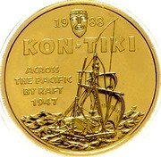 Samoa 100 Tala Kon Tiki 1988 Proof KM# 77 19 88 KON-TIKI ACROSS THE PACIFIC BY RAFT 1947 coin reverse Samoa 100 Tala Kon Tiki 1988 Proof KM# 77 19 88 KON-TIKI ACROSS THE PACIFIC BY RAFT 1947 coin reverse