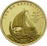 Samoa 100 Tala RA Expeditions 1991 Proof KM# 84 THE RA EXPEDITIONS RA II CROSSING THE ATLANTIC OCEAN 1970 1991 coin reverse Samoa 100 Tala RA Expeditions 1991 Proof KM# 84 THE RA EXPEDITIONS RA II CROSSING THE ATLANTIC OCEAN 1970 1991 coin reverse