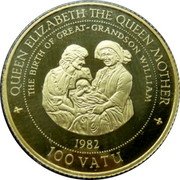 Vanuatu 100 Vatu Birth of Prince William 1997 Proof KM# 39 QUEEN ELIZABETH THE QUEEN MOTHER THE BIRTH OF GREAT-GRANDSON WILLIAM 1982 100 VATU coin reverse Vanuatu 100 Vatu Birth of Prince William 1997 Proof KM# 39 QUEEN ELIZABETH THE QUEEN MOTHER THE BIRTH OF GREAT-GRANDSON WILLIAM 1982 100 VATU coin reverse