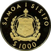 Samoa 1000 Tala South Pacific Games 1983 Proof KM# 56 SAMOA I SISIFO $ 1000 FA'AVAE I LE ATUA SAMOA coin obverse Samoa 1000 Tala South Pacific Games 1983 Proof KM# 56 SAMOA I SISIFO $ 1000 FA'AVAE I LE ATUA SAMOA coin obverse