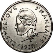 Vanuatu 20 Francs Mask 1970 KM# 3.1 RÉPUBLIQUE FRANÇAISE R JOLY 1970 coin obverse Vanuatu 20 Francs Mask 1970 KM# 3.1 RÉPUBLIQUE FRANÇAISE R JOLY 1970 coin obverse