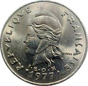 Vanuatu 20 Francs Mask 1977 KM# 3.2 RÉPUBLIQUE FRANÇAISE R JOLY I E O M 1975 coin obverse Vanuatu 20 Francs Mask 1977 KM# 3.2 RÉPUBLIQUE FRANÇAISE R JOLY I E O M 1975 coin obverse