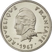 Vanuatu 20 Francs New Hebrides. Essai 1967  KM# E3 RÉPVBLIQVE FRANÇAISE R JOLY ESSAI 1967 coin obverse Vanuatu 20 Francs New Hebrides. Essai 1967  KM# E3 RÉPVBLIQVE FRANÇAISE R JOLY ESSAI 1967 coin obverse