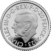 UK 20 Pence (Charles III. Britannia) CHARLES III D G REX F D 20 PENCE 2023 MJ coin obverse UK 20 Pence (Charles III. Britannia) CHARLES III D G REX F D 20 PENCE 2023 MJ coin obverse