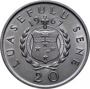 Samoa 20 Sene Tanumafili II 1967 KM# 5 LUASEFULU SENE 19 67 20 coin reverse Samoa 20 Sene Tanumafili II 1967 KM# 5 LUASEFULU SENE 19 67 20 coin reverse