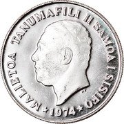 Samoa 20 Sene Tanumafili II 1974 Proof KM# 16a MALIETOA TANUMAFILI II SAMOA I SISIFO 1974 coin obverse Samoa 20 Sene Tanumafili II 1974 Proof KM# 16a MALIETOA TANUMAFILI II SAMOA I SISIFO 1974 coin obverse