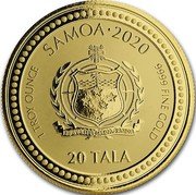Samoa 20 Tala (Serpent of Milan) SAMOA 2020 1 TROY OUNCE 9999 FINE GOLD 20 TALA coin obverse
