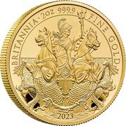 UK 200 Pounds (Charles III. Britannia) BRITANNIA 2 OZ 999.9 FINE GOLD J.O 2023 coin reverse