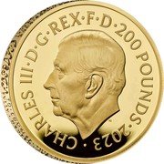 UK 200 Pounds (Charles III Petition Crown, Shields) CHARLES III D G REX F D 200 POUNDS 2023 MJ coin obverse
