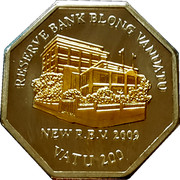 Vanuatu 200 Vatu New Bank Building 2009  Brilliant Uncirculated, only in set RESERVE BANK BLONG VANUATU NEW R.B.V. 2009 VATU 200 coin reverse