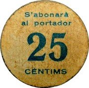 Spain 25 Centimos (Brafim) S'ABONARÀ AL PORTADOR 25 CÈNTIMS coin reverse Spain 25 Centimos (Brafim) S'ABONARÀ AL PORTADOR 25 CÈNTIMS coin reverse
