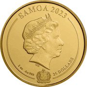 Samoa 25 Dollars (DC Comics. Aquaman) SAMOA 2023 IRB 1 OZ AU 999 25 DOLLARS coin obverse Samoa 25 Dollars (DC Comics. Aquaman) SAMOA 2023 IRB 1 OZ AU 999 25 DOLLARS coin obverse