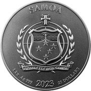 Samoa 25 Dollars (Harry Potter. Quidditch) FA'AVAE I LE ATUA SAMOA 1 KG AG 999 SAMOA 2023 25 DOLLARS coin obverse Samoa 25 Dollars (Harry Potter. Quidditch) FA'AVAE I LE ATUA SAMOA 1 KG AG 999 SAMOA 2023 25 DOLLARS coin obverse
