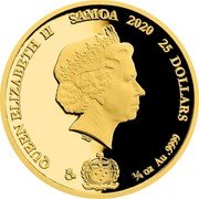 Samoa 25 Dollars Jaromir Jagr 2020 ♛Cᴍ IRB CM QUEEN ELIZABETH II SAMOA 2020 25 DOLLARS 1/4 OZ AU .9999 coin obverse