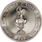 Samoa 25 Tala America's Cup trophy 1987 Proof KM# 67 SAMOA I SISIFO FIVE OUNCES $25 999 SILVER coin obverse Samoa 25 Tala America's Cup trophy 1987 Proof KM# 67 SAMOA I SISIFO FIVE OUNCES $25 999 SILVER coin obverse