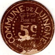 Belgium 5 Centimes (Commune of Luingne) COMMUNE DE LUINGNE BON DE 5C J.V.C 1916 coin obverse Belgium 5 Centimes (Commune of Luingne) COMMUNE DE LUINGNE BON DE 5C J.V.C 1916 coin obverse