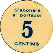 Spain 5 Centimos (Brafim) S'ABONARÀ AL PORTADOR 5 CÈNTIMS coin reverse Spain 5 Centimos (Brafim) S'ABONARÀ AL PORTADOR 5 CÈNTIMS coin reverse