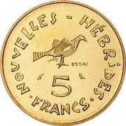 Vanuatu 5 Francs New Hebrides. Essai 1970  KM# E6 NOUVELLES - HÉBRIDES ESSAI 5 FRANCS coin reverse Vanuatu 5 Francs New Hebrides. Essai 1970  KM# E6 NOUVELLES - HÉBRIDES ESSAI 5 FRANCS coin reverse