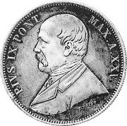 Italy 5 Lire (Pius IX) X# 5 PIVS IX PONT MAX A XXI coin obverse Italy 5 Lire (Pius IX) X# 5 PIVS IX PONT MAX A XXI coin obverse