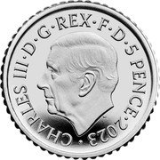 UK 5 Pence (Charles III. Britannia) CHARLES III D G REX F D 5 PENCE 2023 MJ coin obverse UK 5 Pence (Charles III. Britannia) CHARLES III D G REX F D 5 PENCE 2023 MJ coin obverse