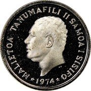 Samoa 5 Sene Tanumafili II 1974 Proof KM# 14a MALIETOA TANUMAFILI II SAMOA I SISIFO 1974 coin obverse Samoa 5 Sene Tanumafili II 1974 Proof KM# 14a MALIETOA TANUMAFILI II SAMOA I SISIFO 1974 coin obverse
