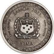 Samoa 5 Tala (Legends of Japan - Onto Demon Island. Antique) FA'AVAE I LE ATUA SAMOA SAMOA ONE OUNCE 9999 SILVER 5 TALA. coin obverse Samoa 5 Tala (Legends of Japan - Onto Demon Island. Antique) FA'AVAE I LE ATUA SAMOA SAMOA ONE OUNCE 9999 SILVER 5 TALA. coin obverse