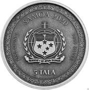 Samoa 5 Tala Momotaro Subdues the Demon. Antique Finish 2020 FA'AVAE I LE ATUA SAMOA. SAMOA 2020 ONE OUNCE 9999 SILVER 5 TALA. coin obverse