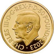 UK 50 Pounds (Charles III. Britannia) CHARLES III D G REX F D 50 POUNDS 2023 MJ coin obverse UK 50 Pounds (Charles III. Britannia) CHARLES III D G REX F D 50 POUNDS 2023 MJ coin obverse