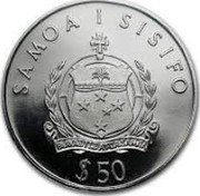 Samoa 50 Tala Tanumafili II Kon-Tiki 1988 Proof KM# 76 SAMOA I SISIFO $ 50 coin obverse Samoa 50 Tala Tanumafili II Kon-Tiki 1988 Proof KM# 76 SAMOA I SISIFO $ 50 coin obverse