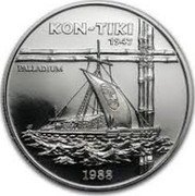 Samoa 50 Tala Tanumafili II Kon-Tiki 1988 Proof KM# 76 KON-TIKI 1947 PALLADIUM 1988 coin reverse Samoa 50 Tala Tanumafili II Kon-Tiki 1988 Proof KM# 76 KON-TIKI 1947 PALLADIUM 1988 coin reverse